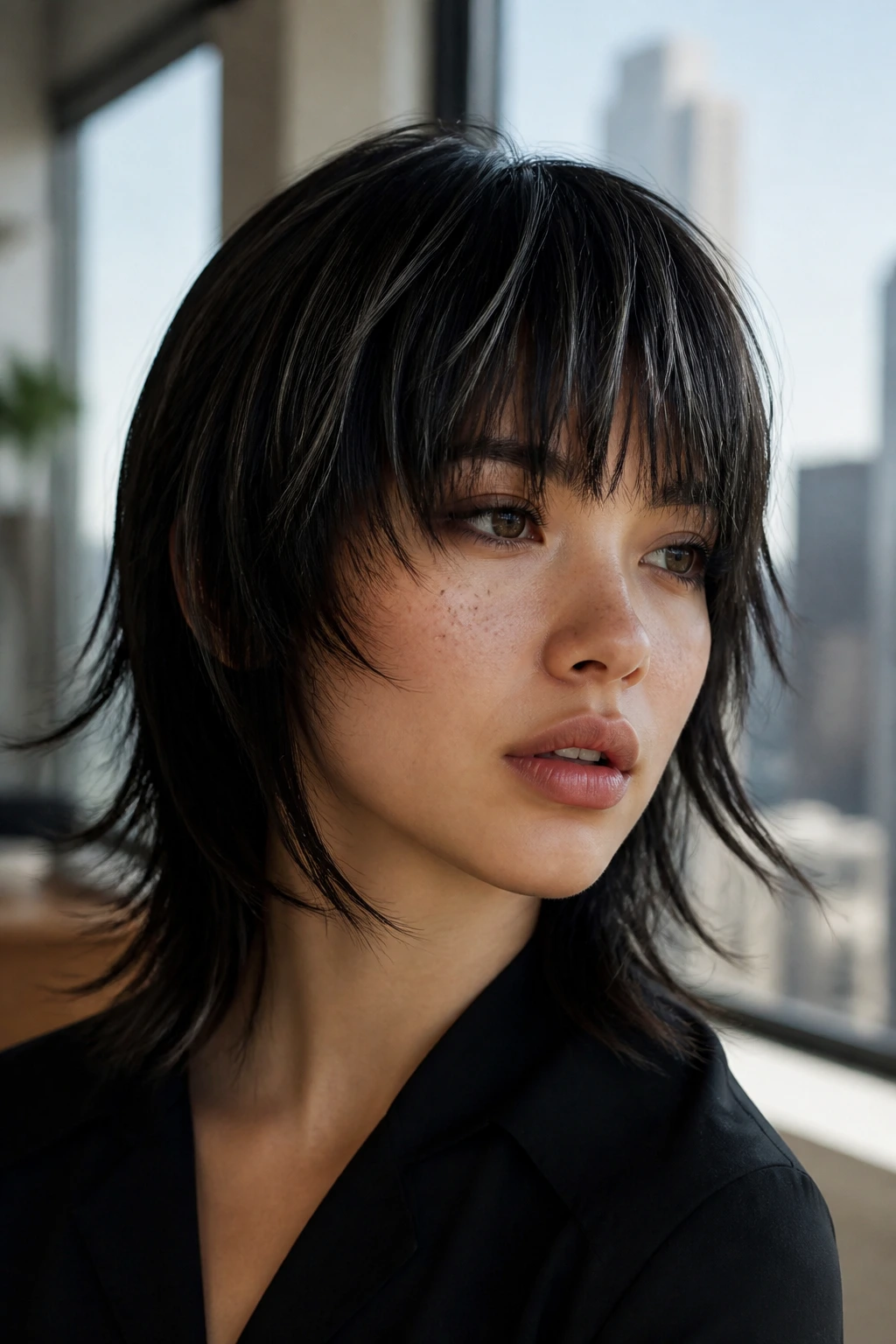 Close-up of razor-cut bangs with silver thread highlights on a real woman