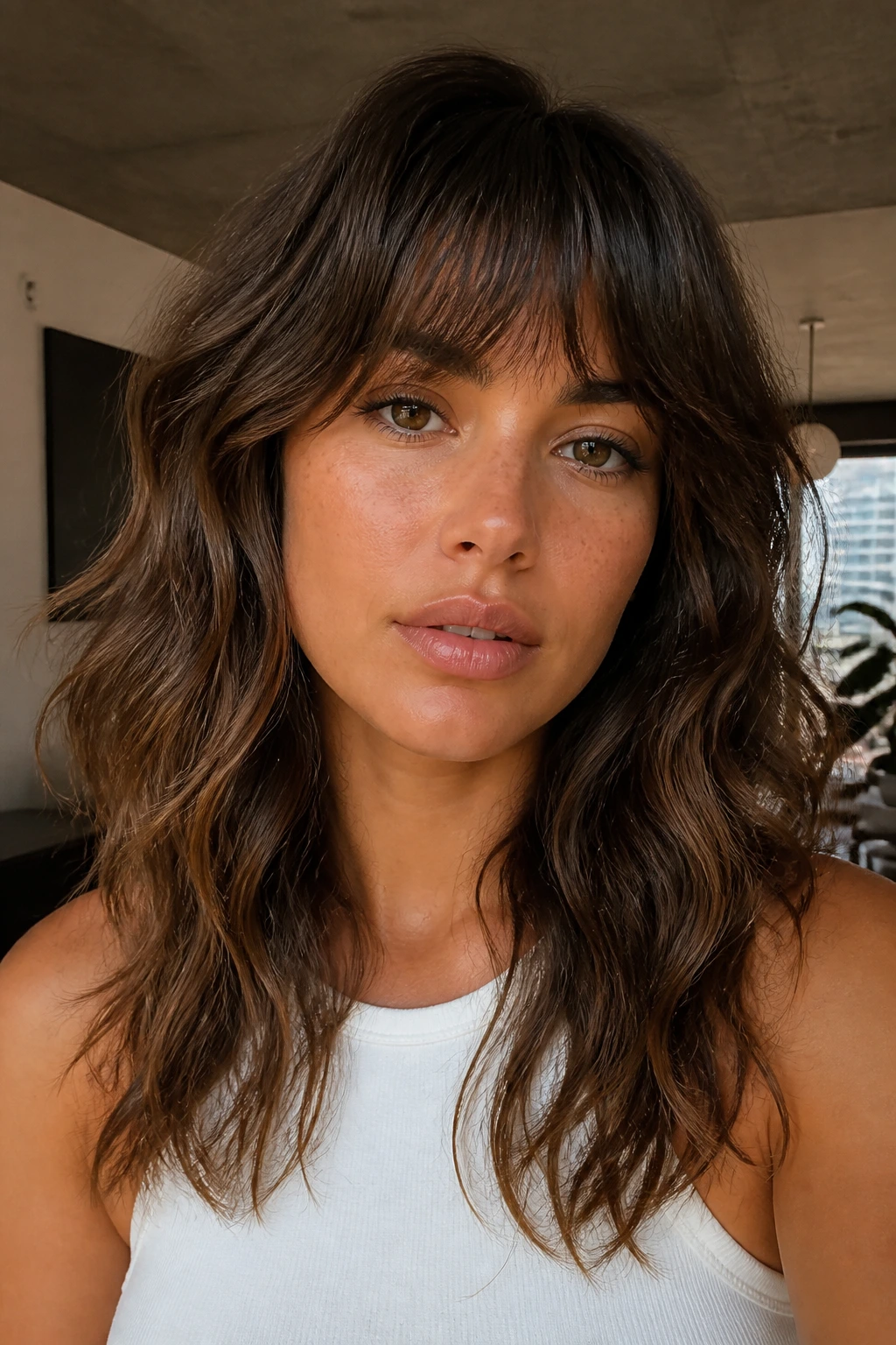 Close-up portrait of a real woman with razor-cut bangs on wavy hair