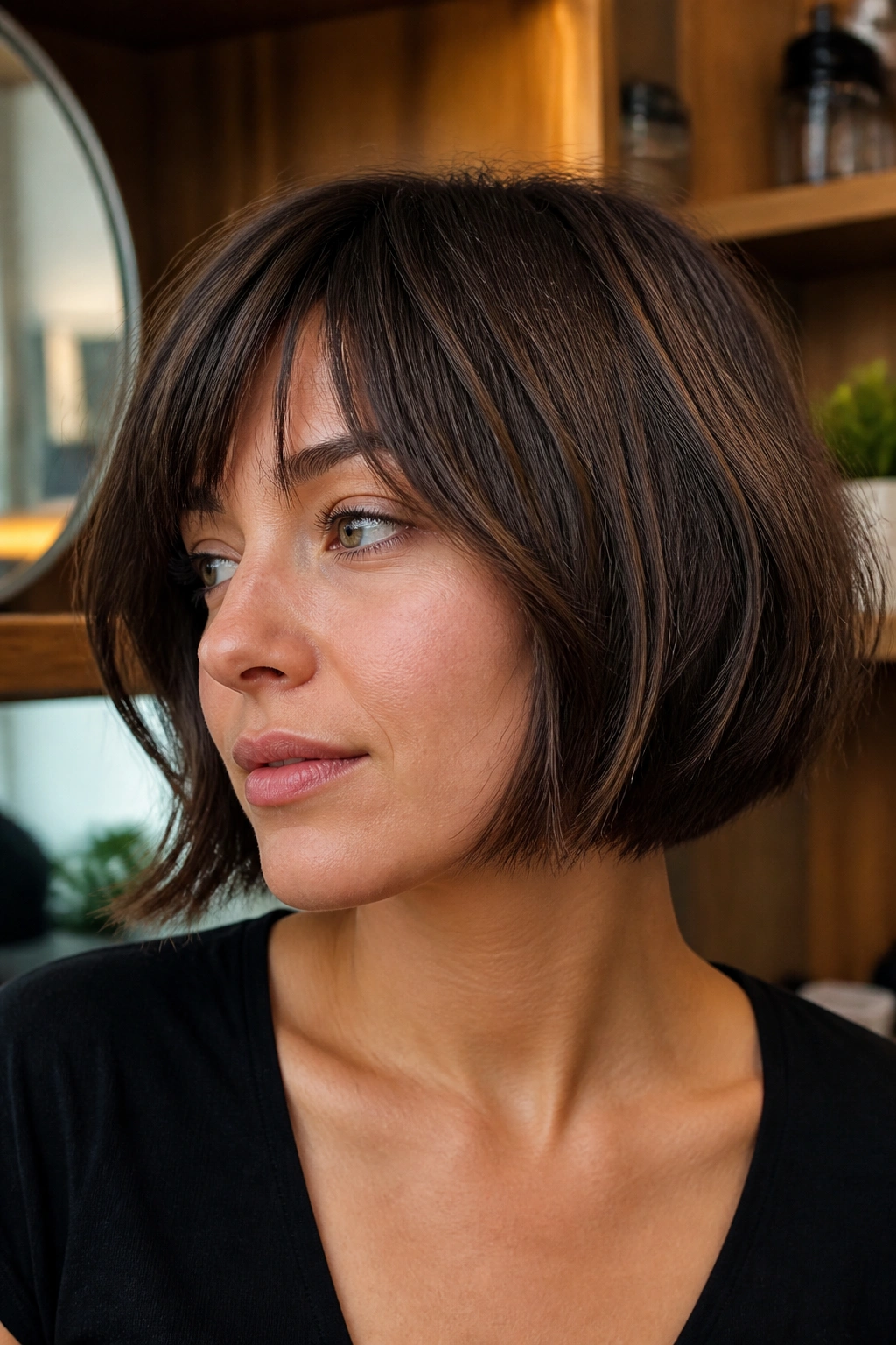 Portrait of a woman with a razor-cut bob in a warm home setting