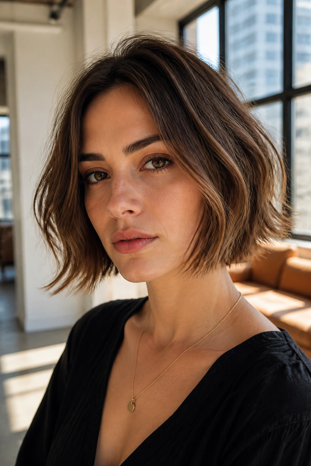 Close-up of a real woman with razor-cut bob and airy ends in a bright loft
