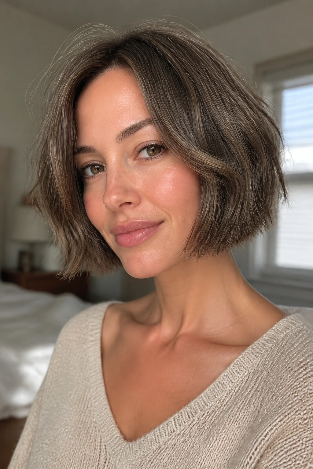 Close-up portrait of a real woman with a razor-cut chin-length bob in warm window light.