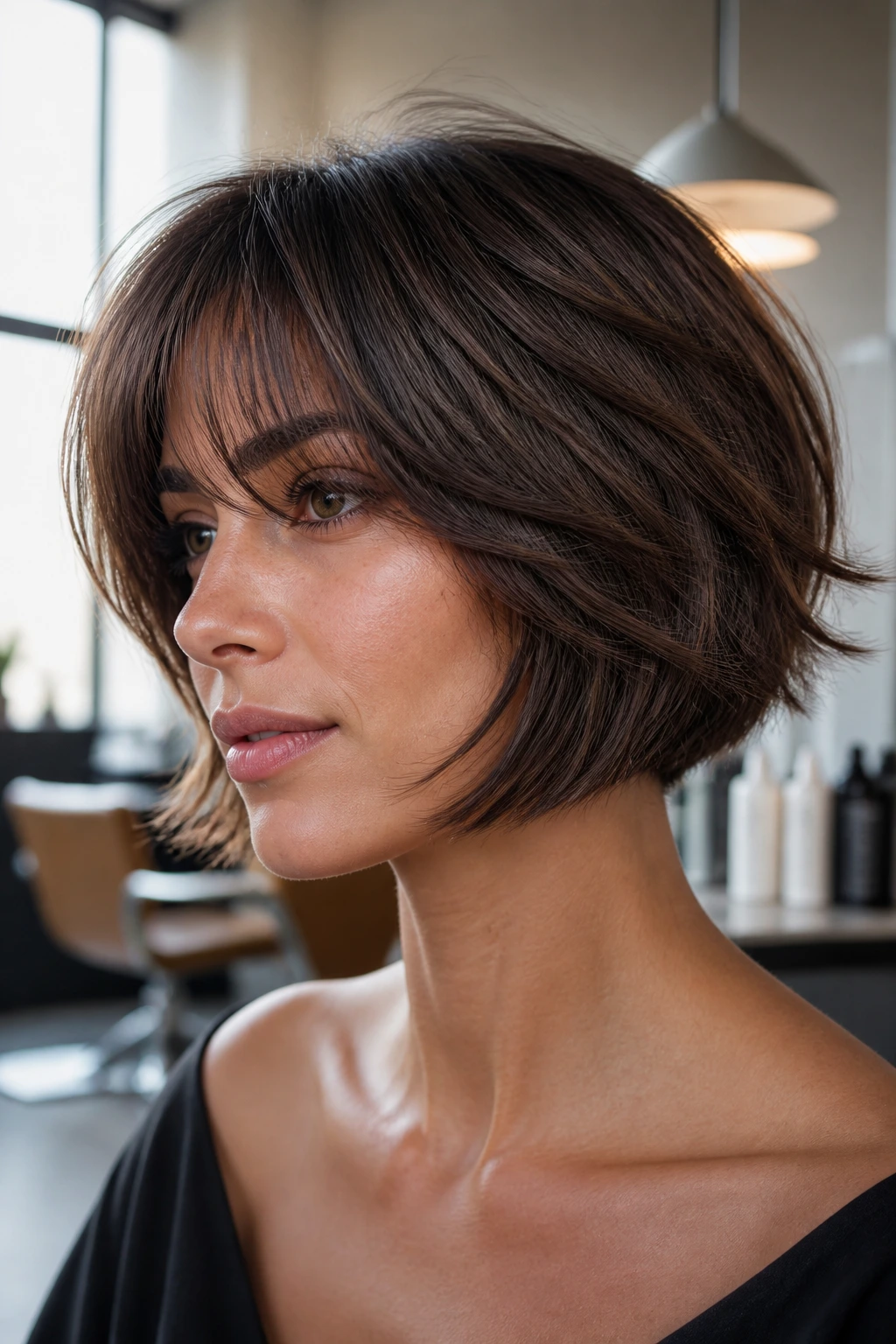 Real woman with a razor-cut Italian bob and feathered edges in a salon setting