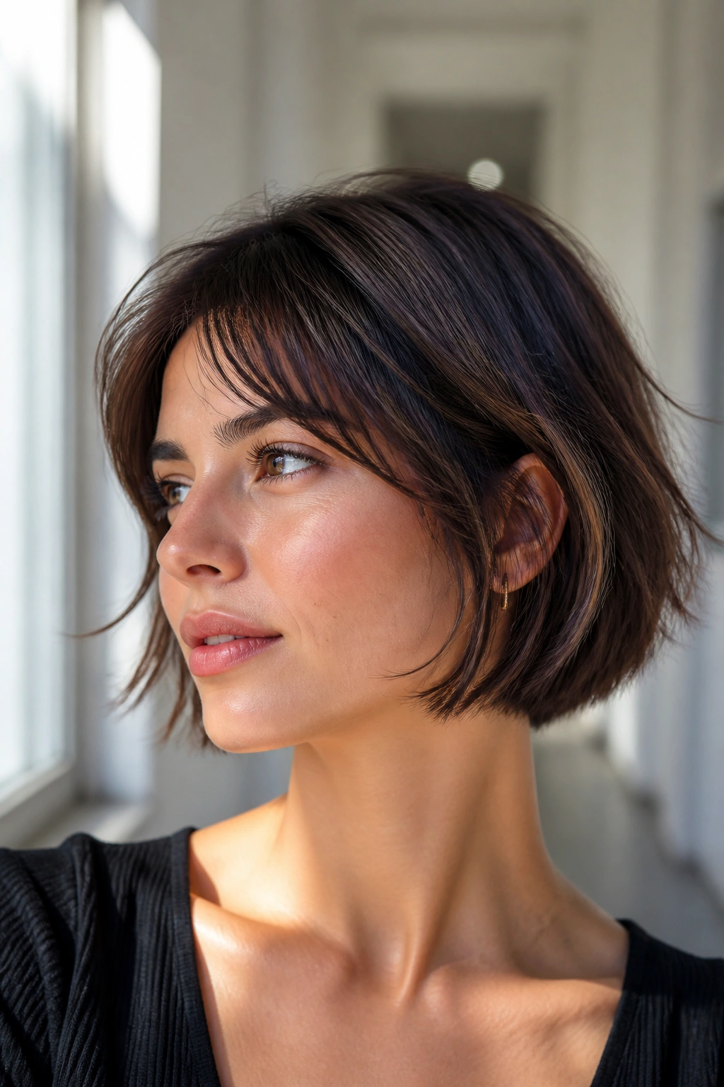 Real woman with razor-cut bob and feathered ends.
