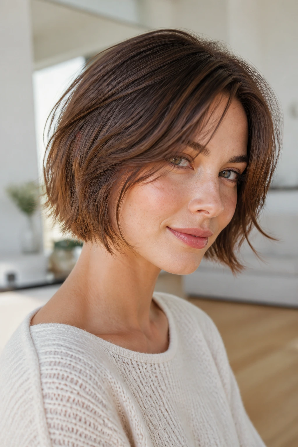Close-up of a real woman with a razor-cut bob and feathered ends.