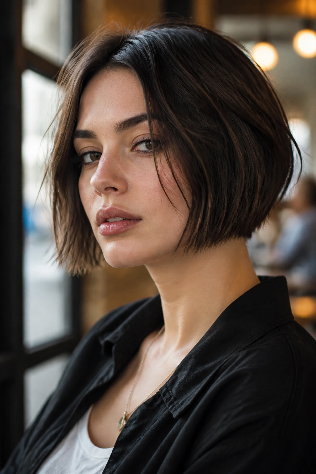 Close-up portrait of a real person with a razor-cut bob hairstyle