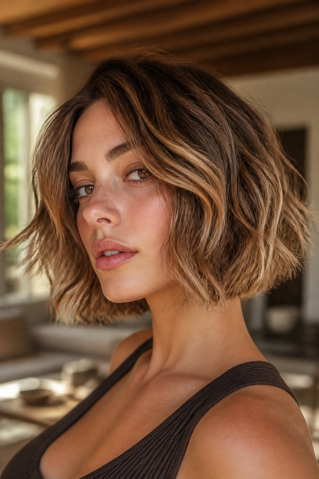 Real woman with razor-cut bob and feathery movement.