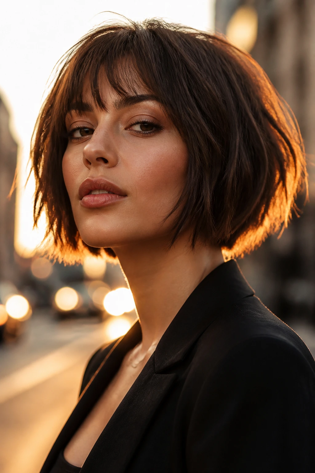 Close-up of a real woman with razor-cut bob and piecey ends on a city street