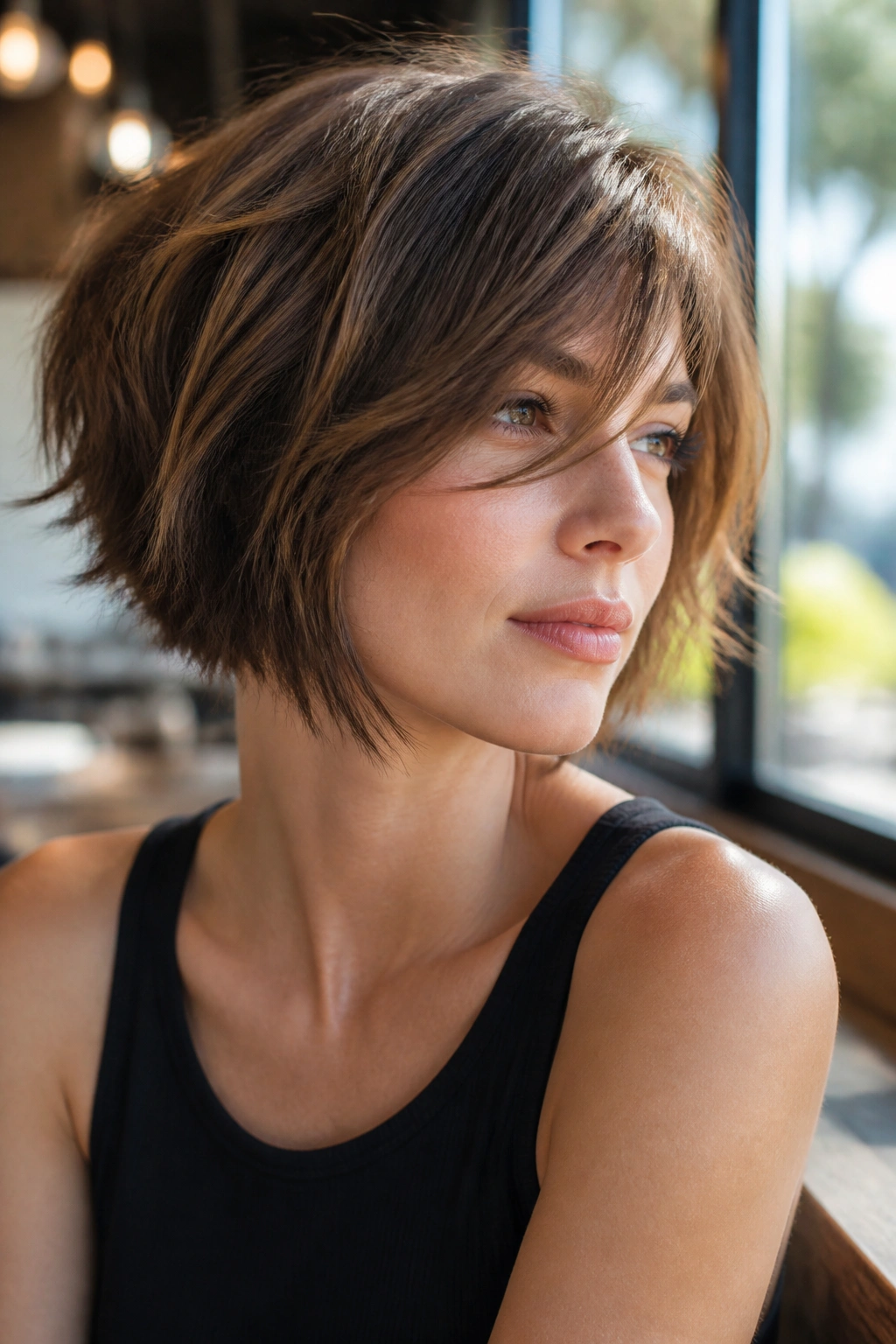 Close-up portrait of a real person with razor-cut bob and side bangs outdoors