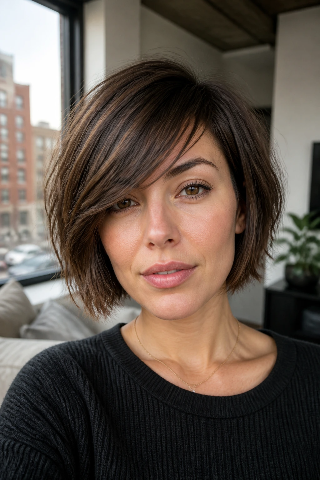 Close-up portrait of a real person with razor-cut bob and side-swept bangs