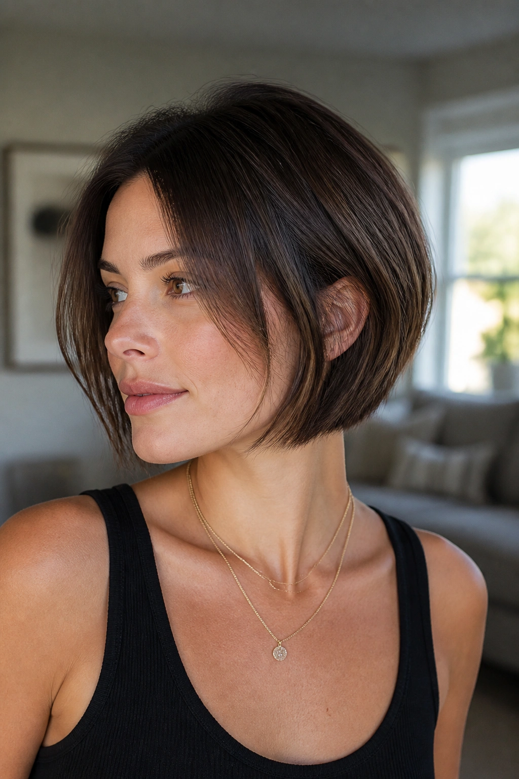 Close-up of a real woman with a razor-cut bob and soft ends in a cozy living room.