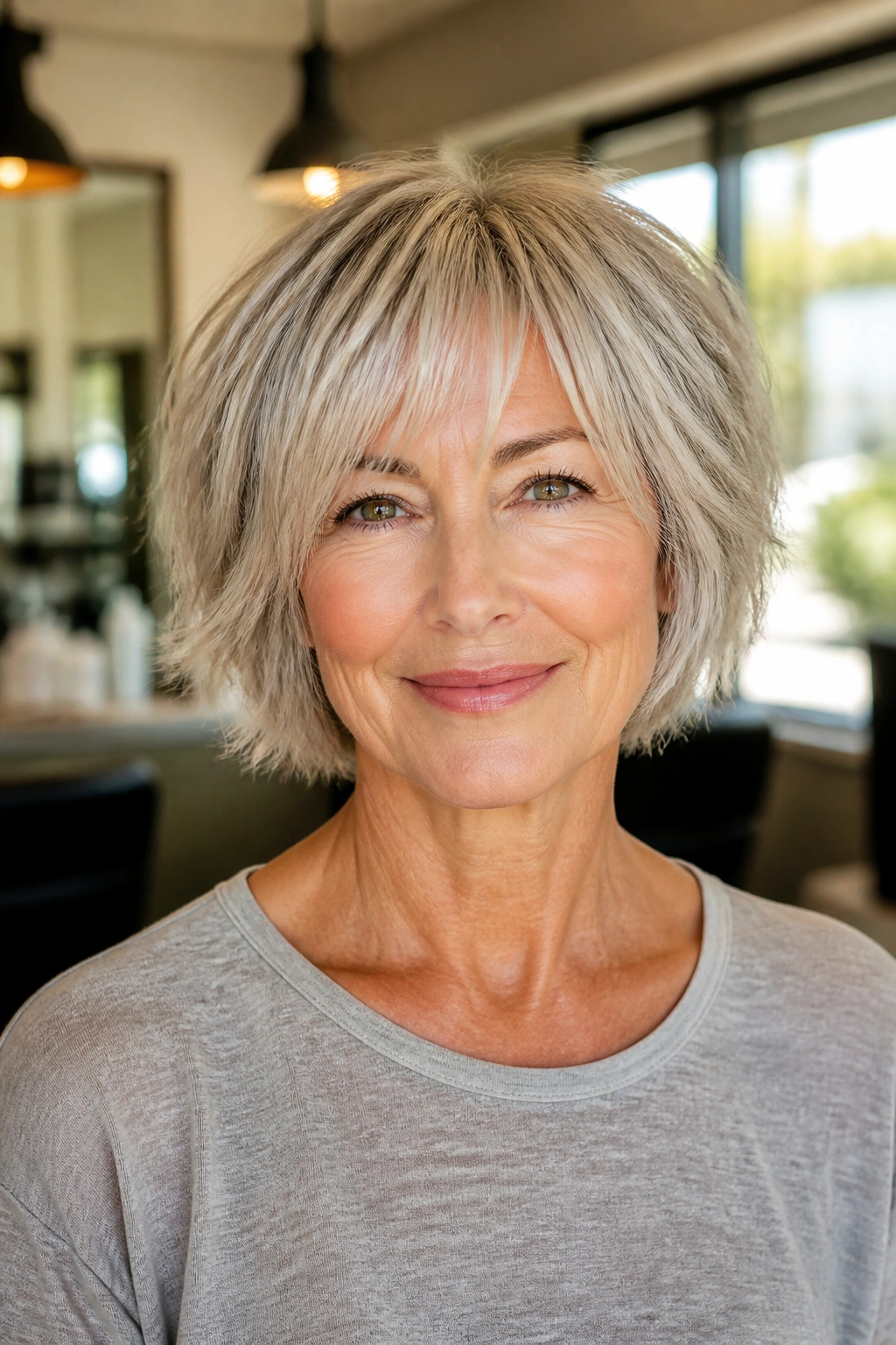 Close-up of real woman with a textured razor-cut bob