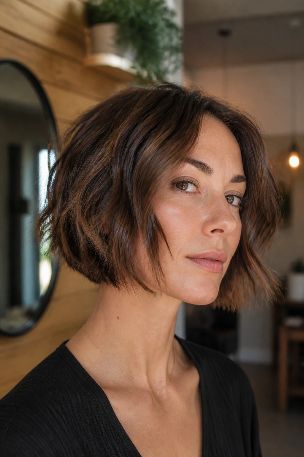Close-up portrait of a woman with a choppy razor-cut bob in warm salon lighting