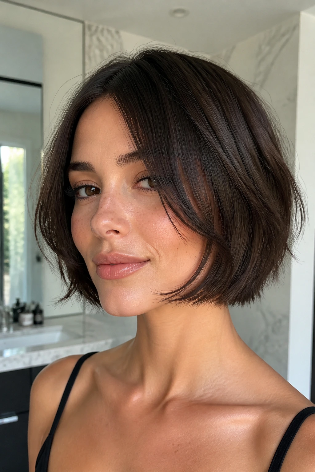 Close-up of a real woman with razor-cut shattered ends bob