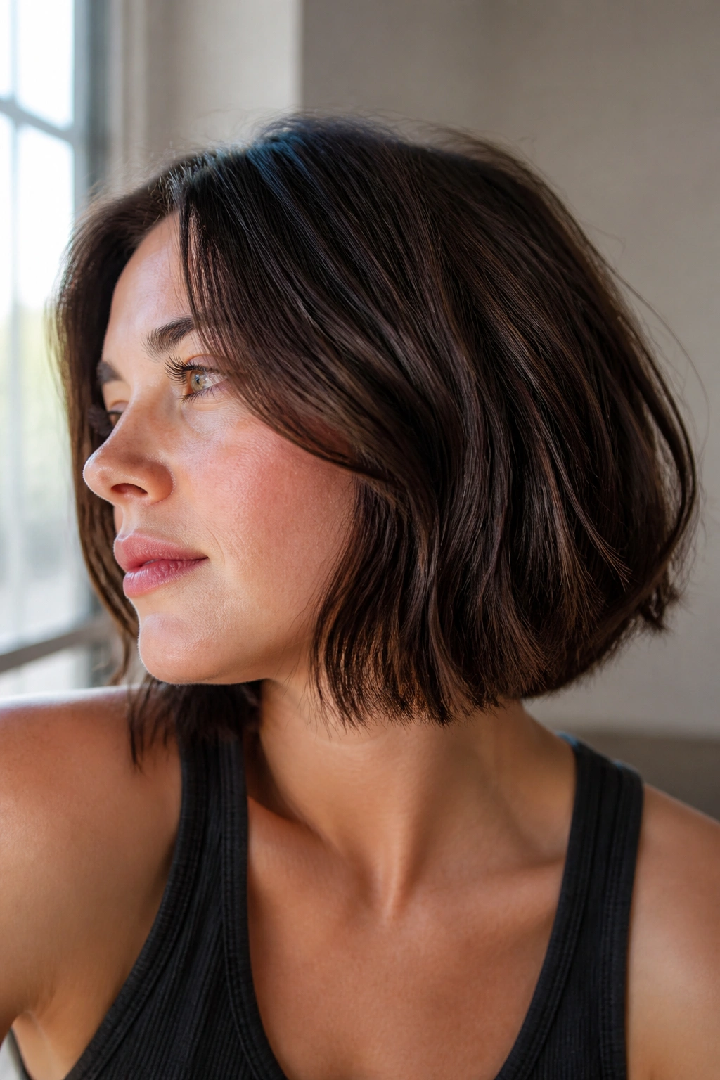 Close-up of a real person with a razor-cut bob for thick hair