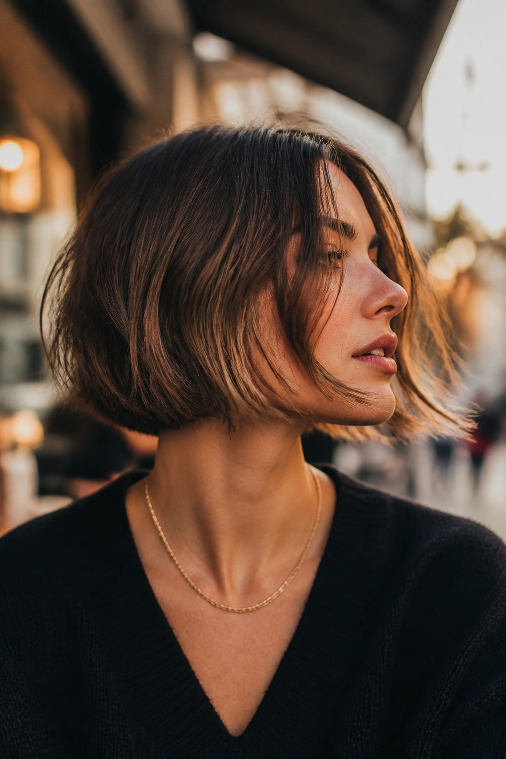 Portrait of a real woman with razor-cut bob and wispy ends in golden hour light
