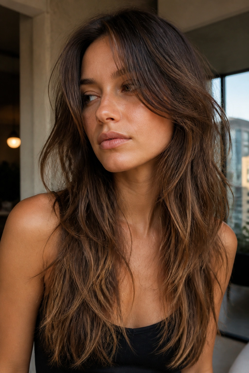 Close-up portrait of a woman showing razor-cut lengths and broken texture in long hair.