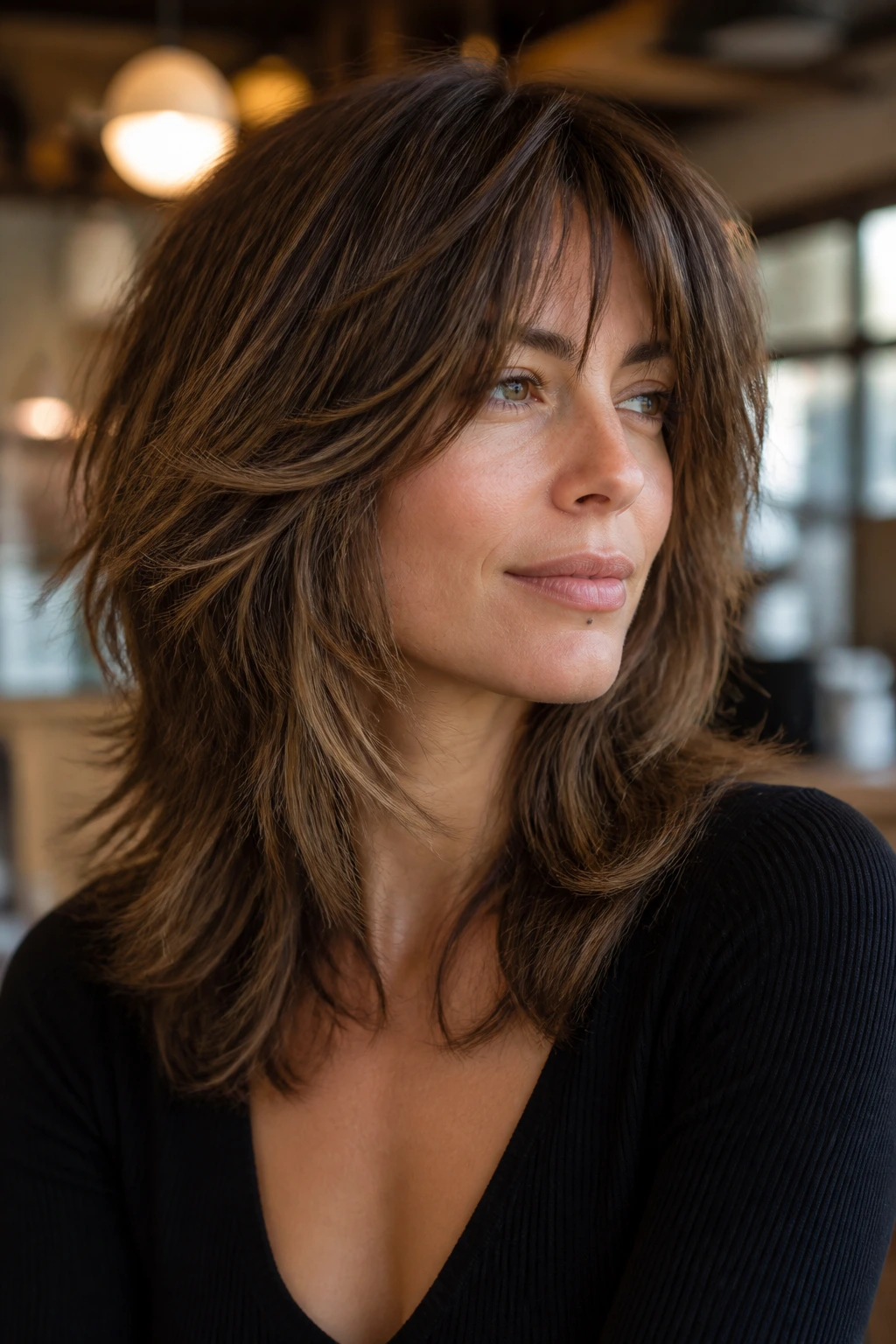 Portrait of real woman with razor-cut choppy layers