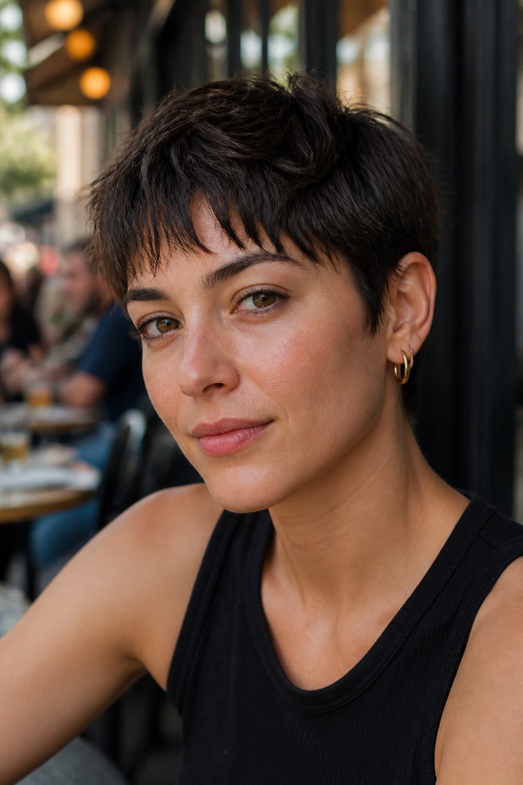 Portrait of a woman with a choppy razor crop and textured ends.