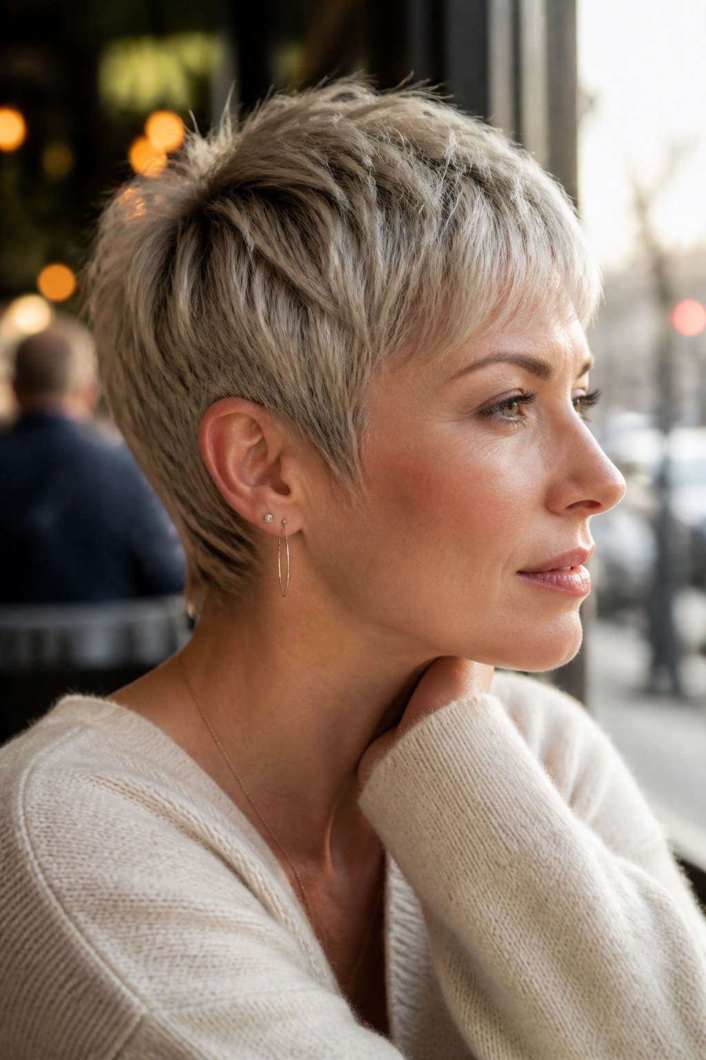 Close-up of a real woman with a razor-cut crop and feathered ends