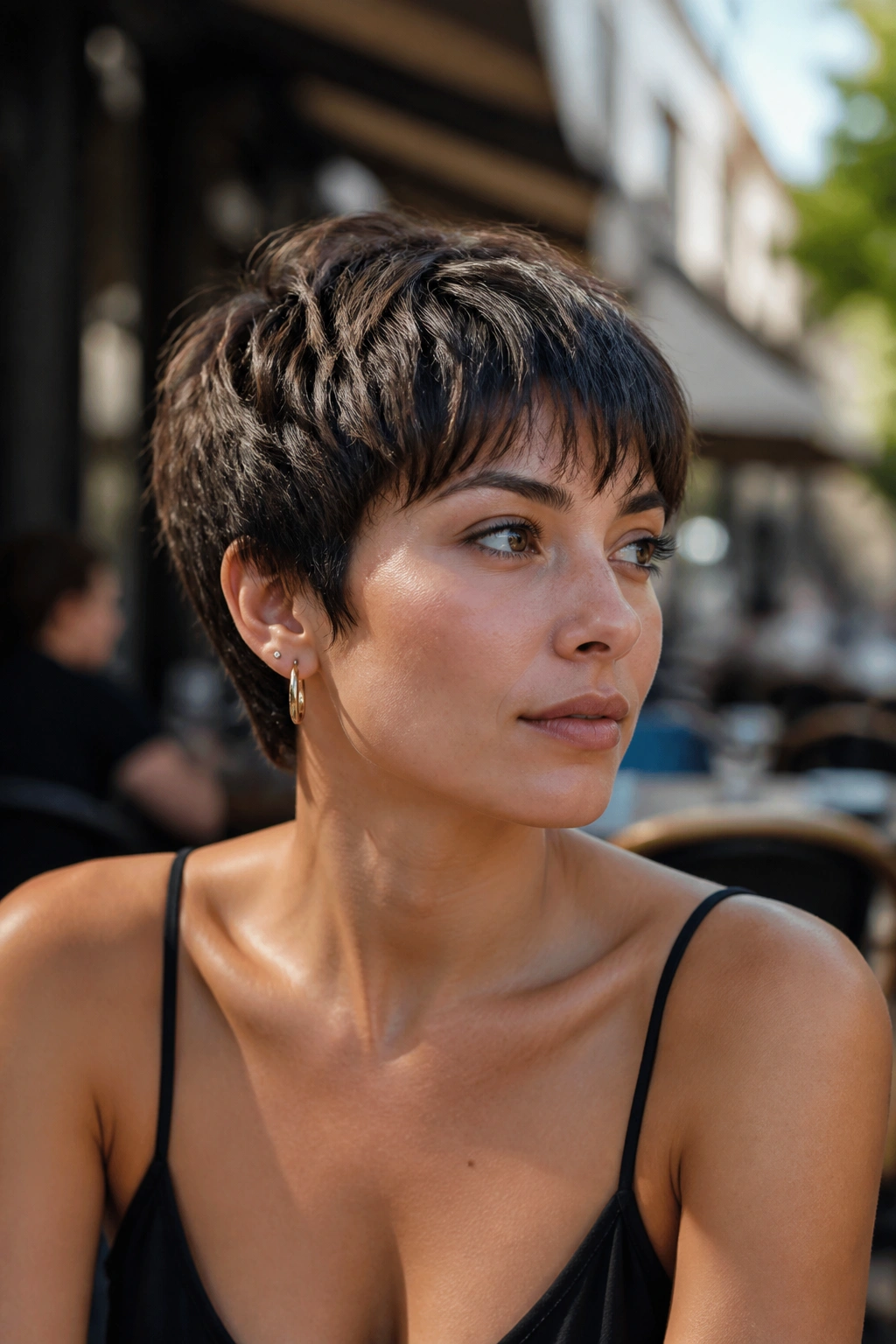 Close-up of real woman with razor-cut crop and piecey ends