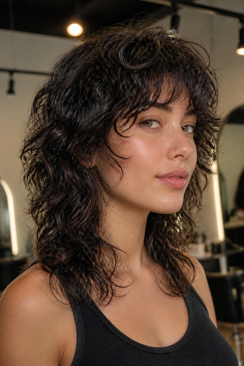 Real person with razor-shaped curly wolf cut showing feathered ends.