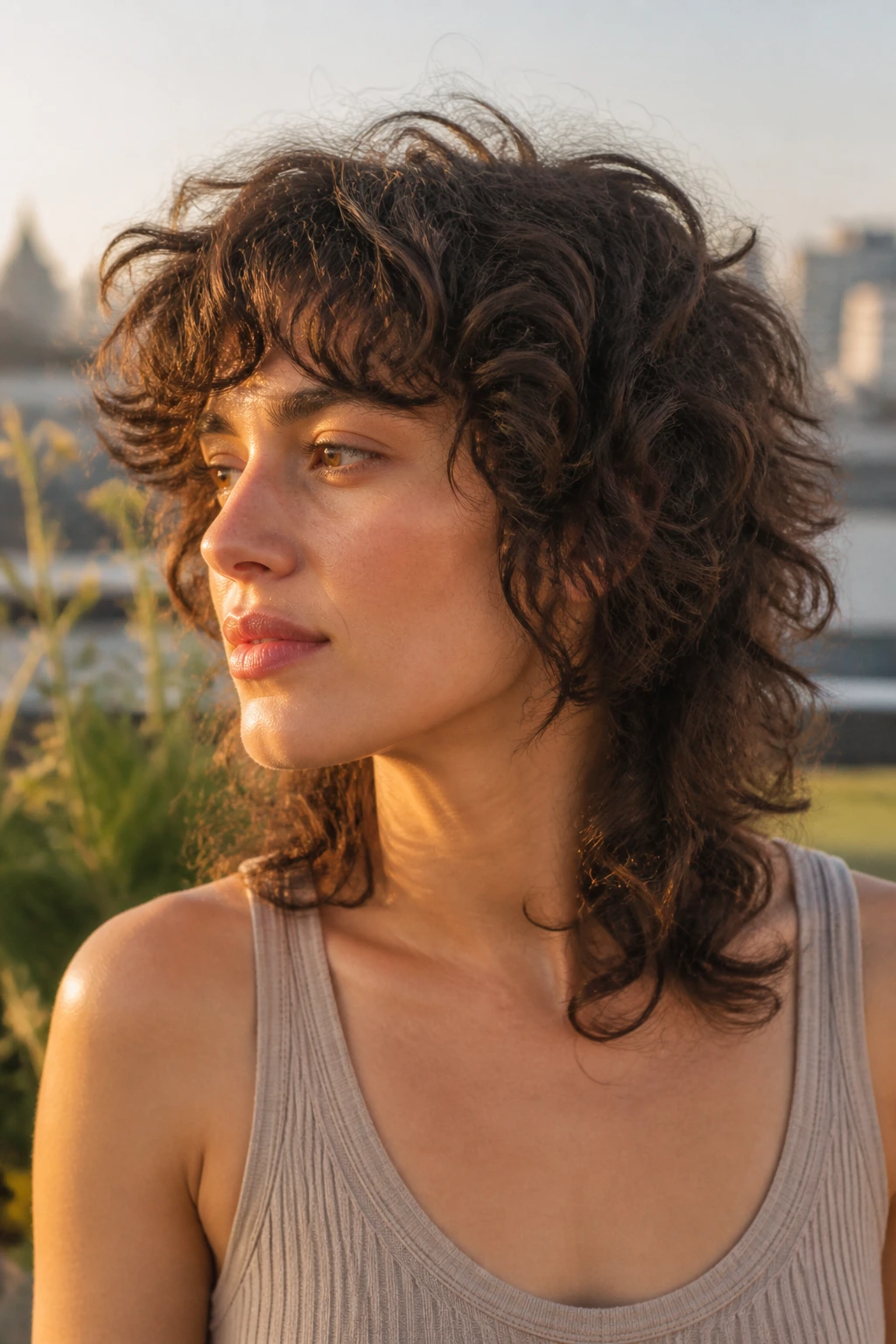 Portrait of a real person with razor-cut curly shag and feathered edges in golden hour light.