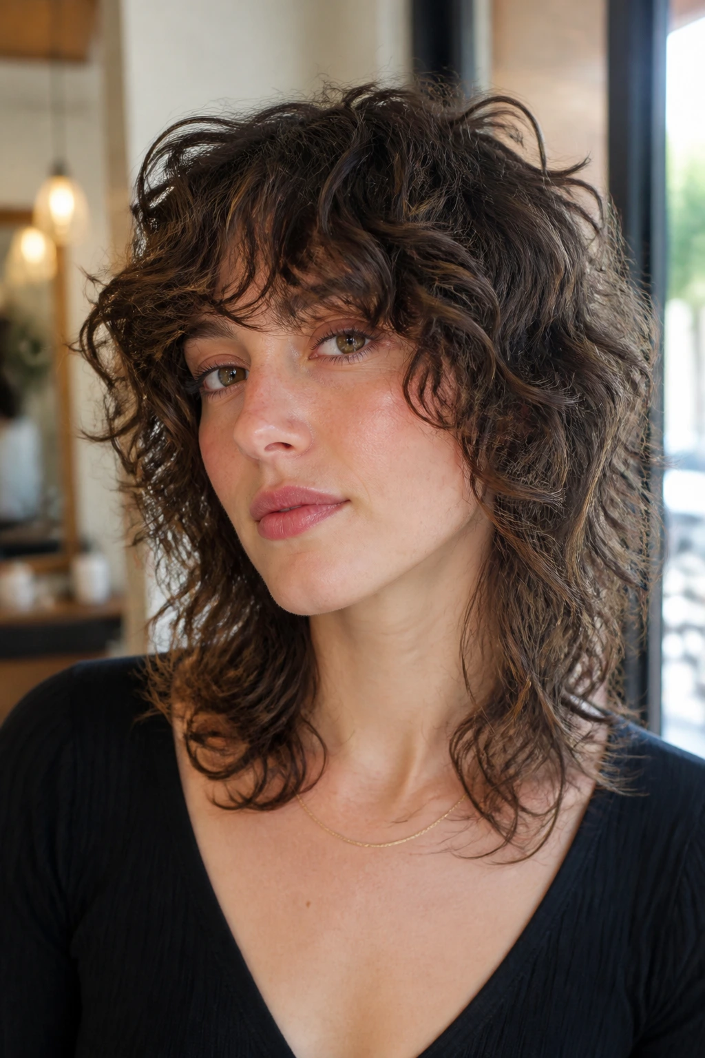 Close-up of a real woman with razor-cut curly shag hairstyle, feathered ends, in a warm salon.