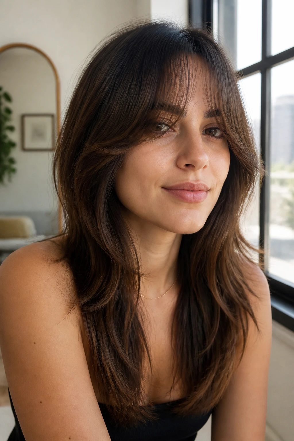 Close-up of a woman with razor-cut curtain bangs in natural light