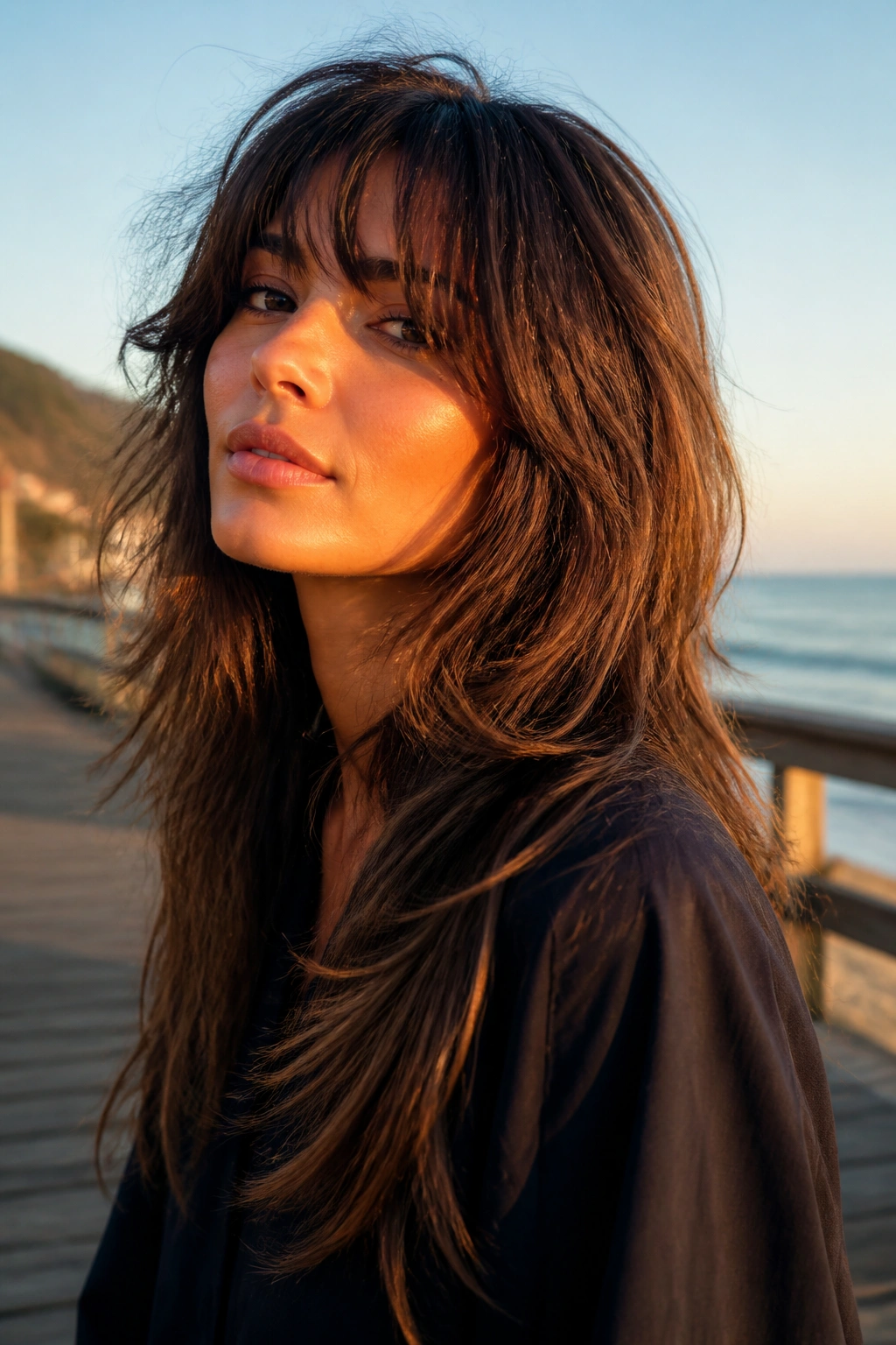 Close-up of a real woman with razor-cut ends on long wolf cut.