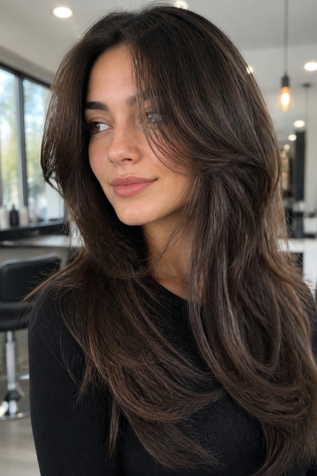 Close-up of thick-haired woman with razor-cut face-framing layers.