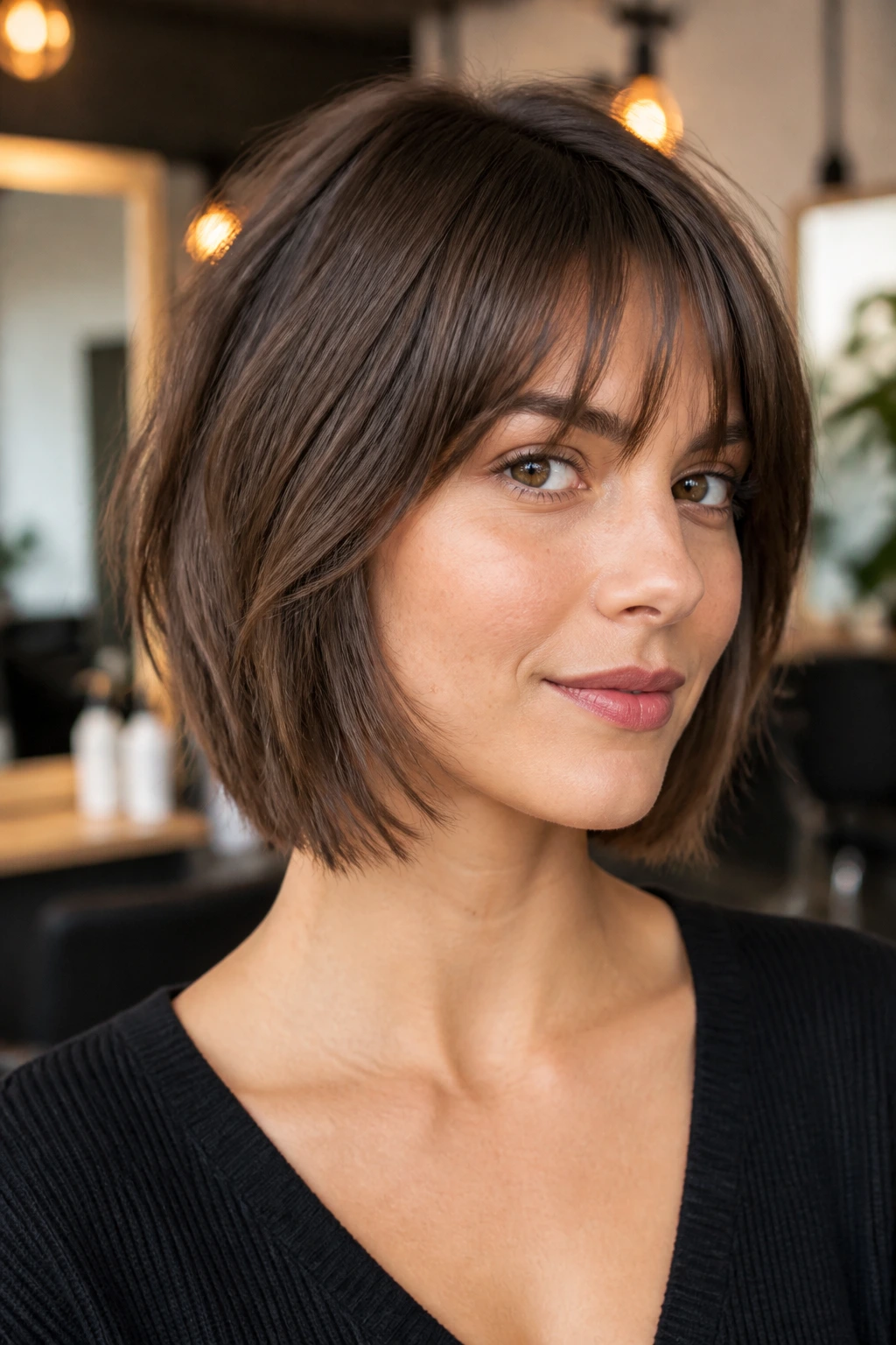 Portrait of a real woman with razor-cut French bob and feathered fringe