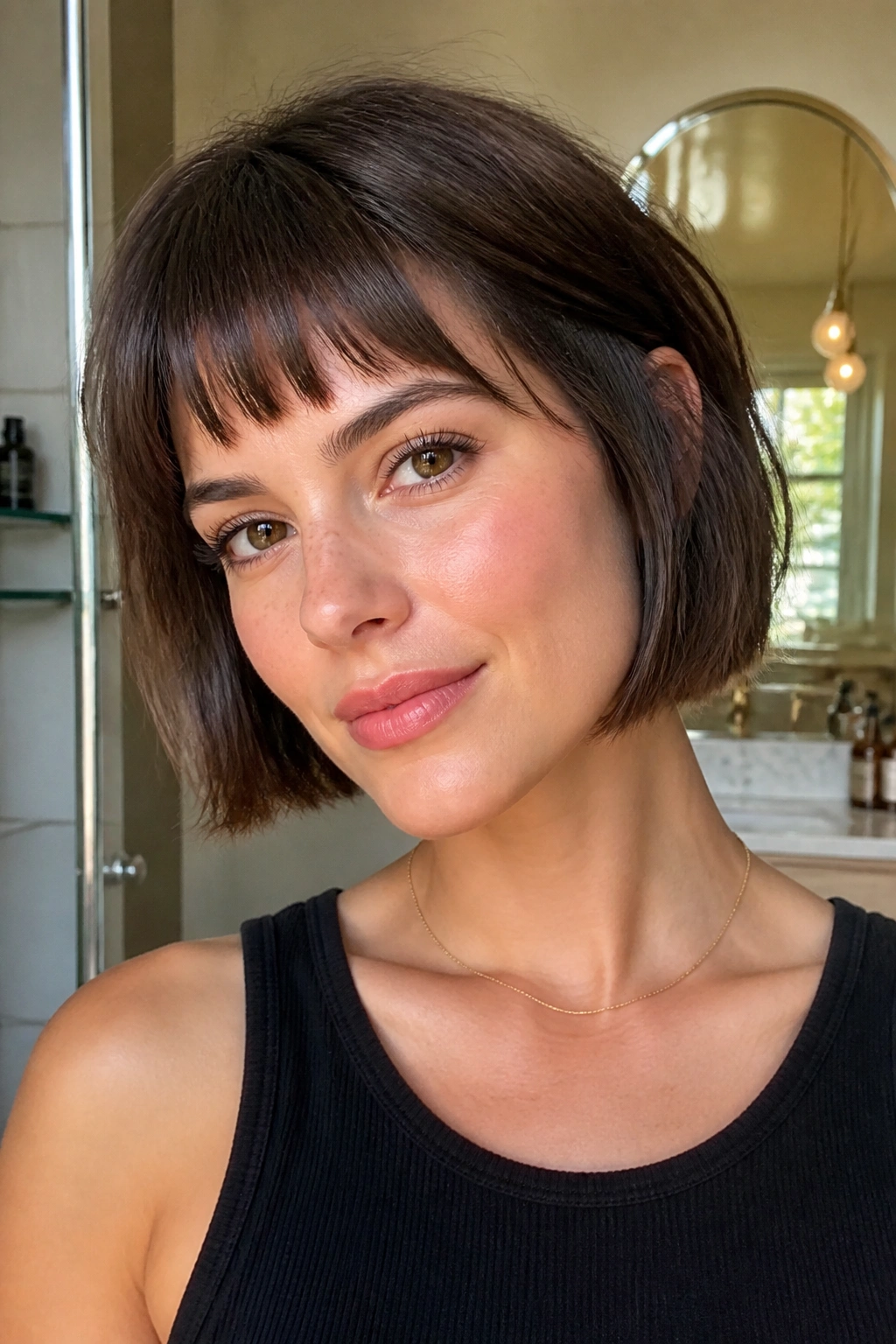 Close-up portrait of a real woman with razor-cut fringe and chin-length haircut.