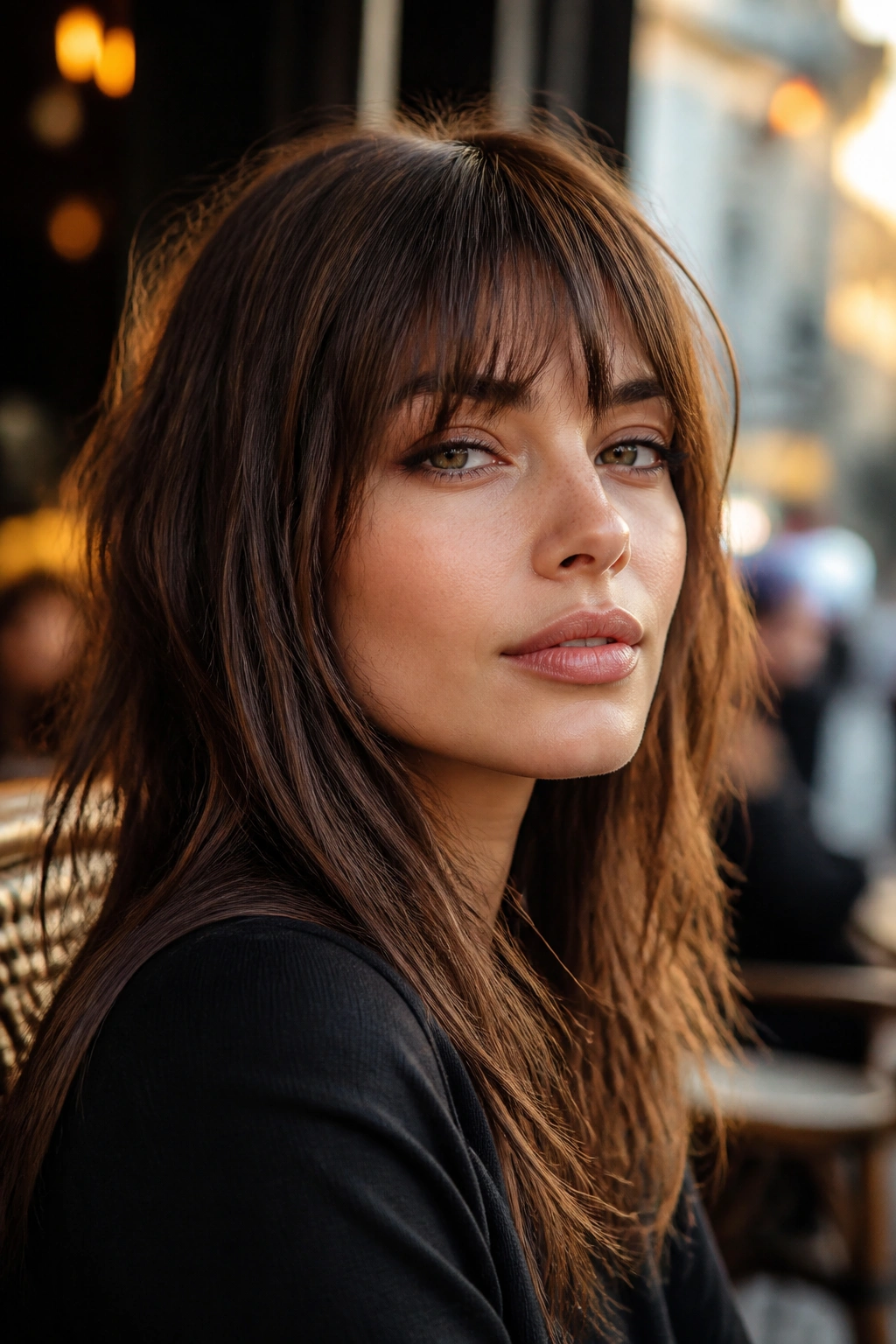 Close-up of a real woman with razor-cut fringe showing airy, feathered ends