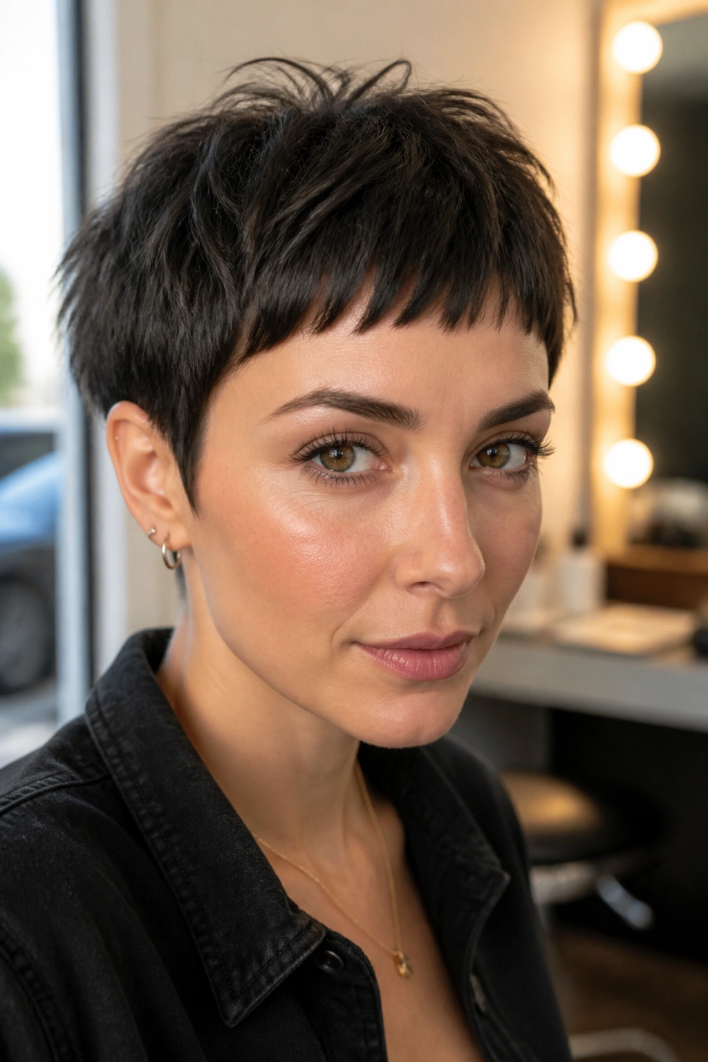 Close-up of a real woman's razor-cut micro fringe pixie with high fringe and soft temple taper.