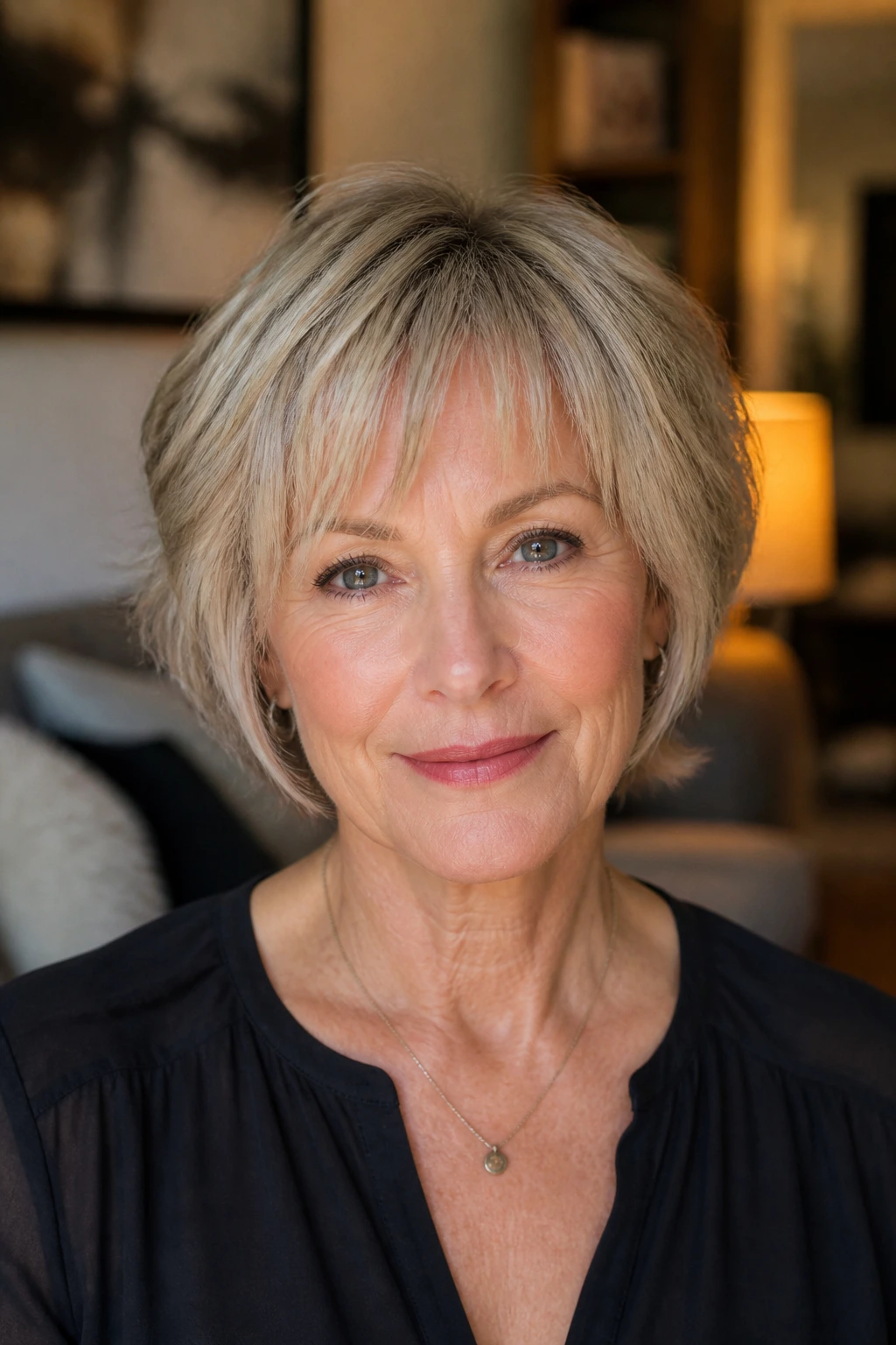Close-up of a woman with razor-cut fringe showing texture