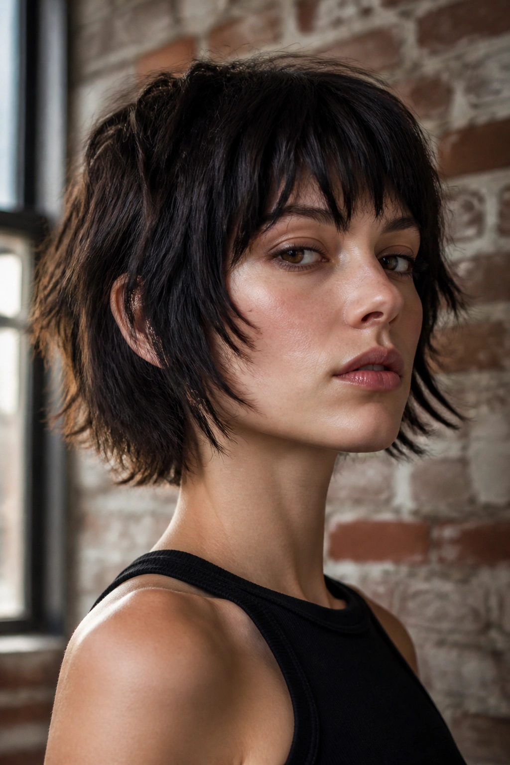 Close-up of a real woman with razor-cut jawline shag featuring feathered, jagged ends