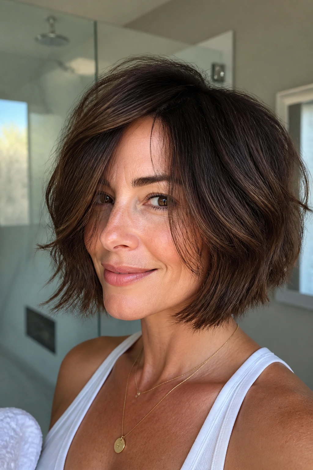 Close-up of a real woman with a razor-cut layered bob on thick hair in natural daylight