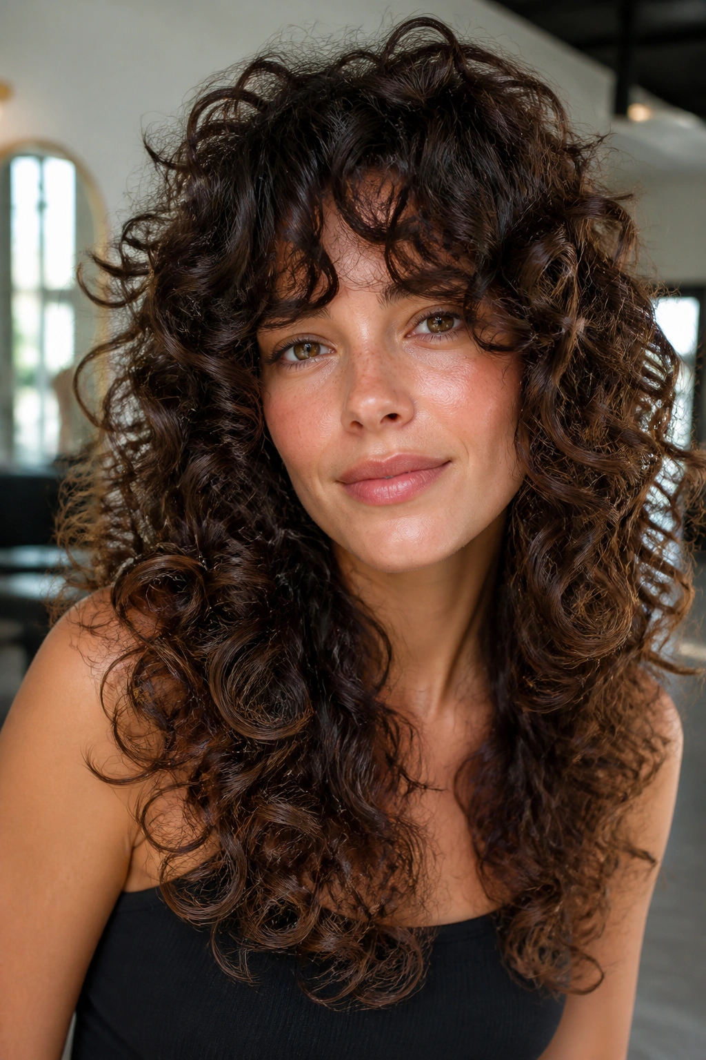 Front-facing portrait of real person with razor-cut layers and feathered ends