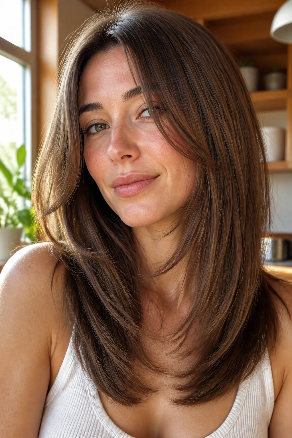 Close-up portrait of straight hair with razor-cut soft layers and feathered ends.