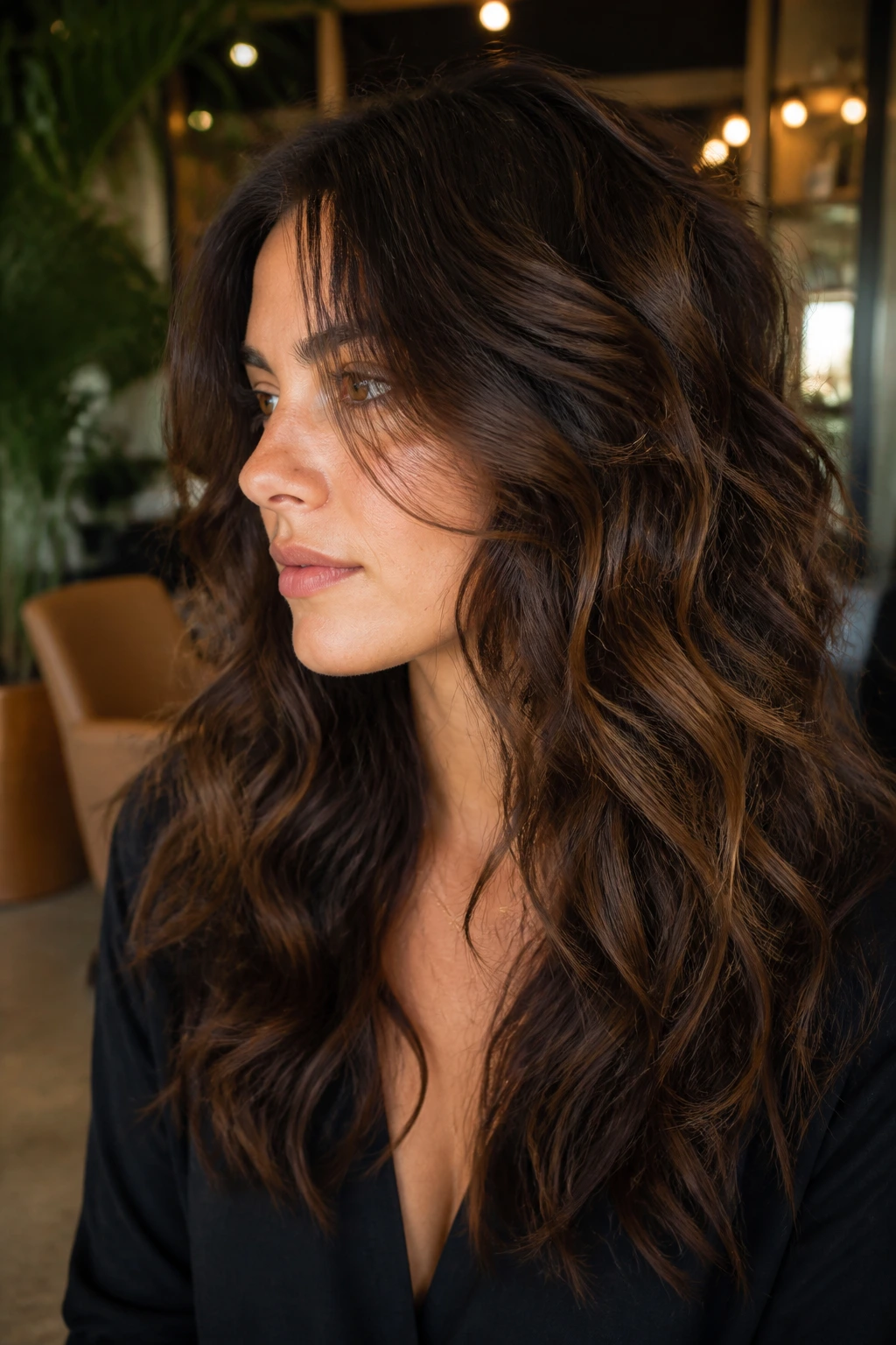 Real woman with wavy thick hair showing razor-cut layers and edge movement