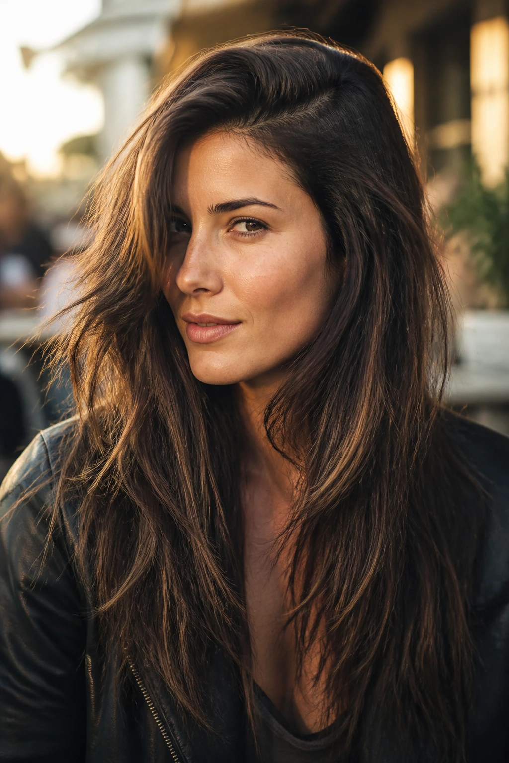 Real woman with deep side part and razor-cut lengths in long hair, warm golden hour light.