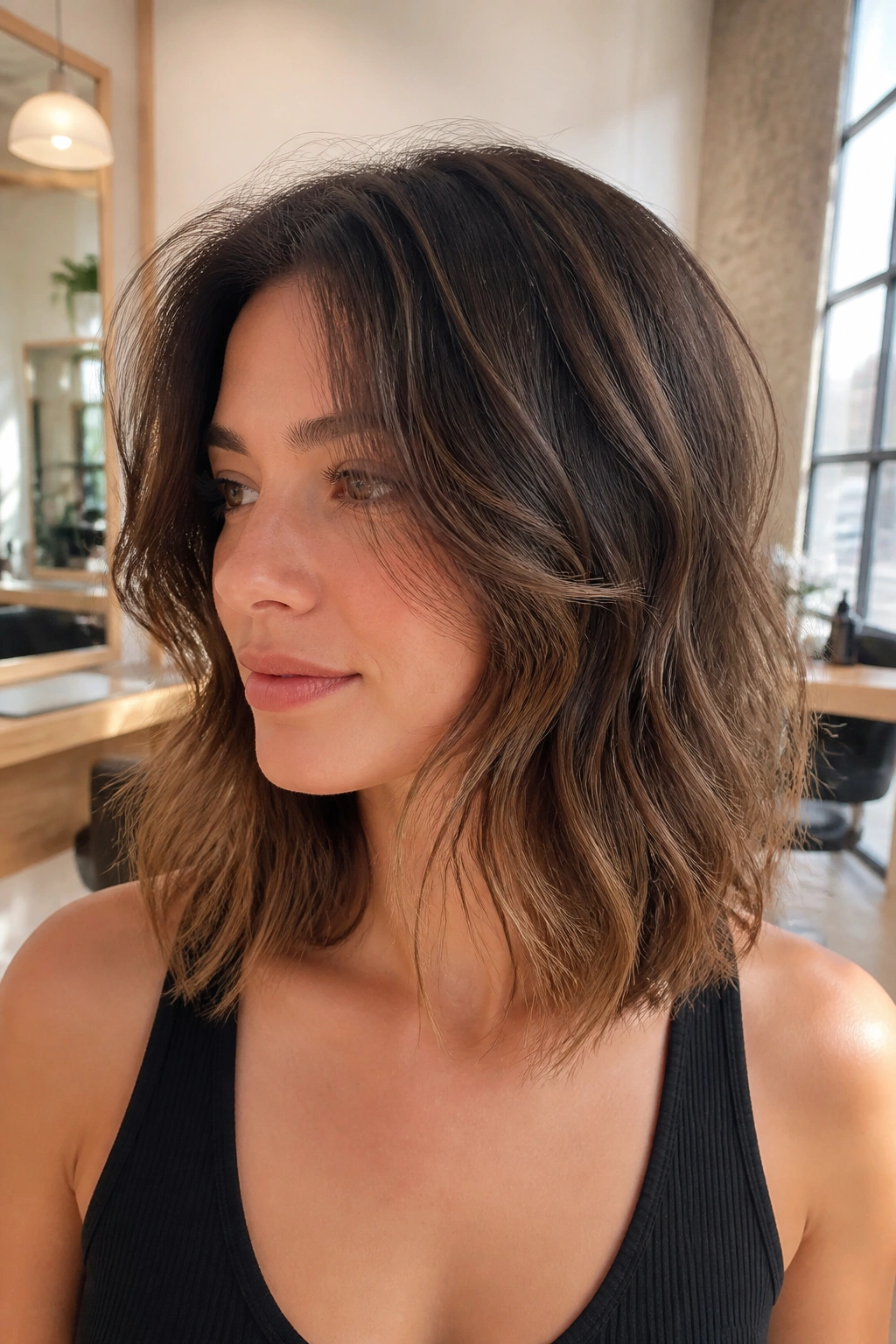 Close-up of a real woman with a soft razor-cut lob and airy waves