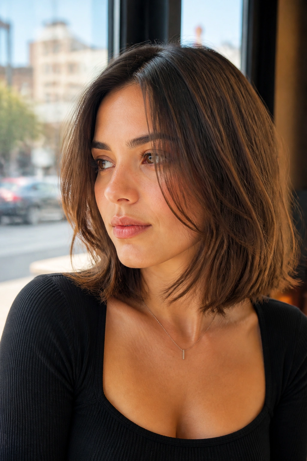 Close-up of a real woman's razor-cut lob with movement and a clean perimeter