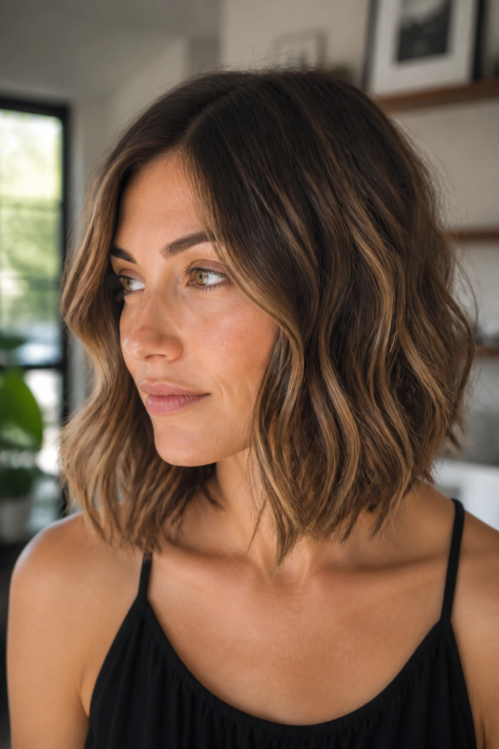 Close-up of a woman with a razor-cut lob and loose bends in natural light.