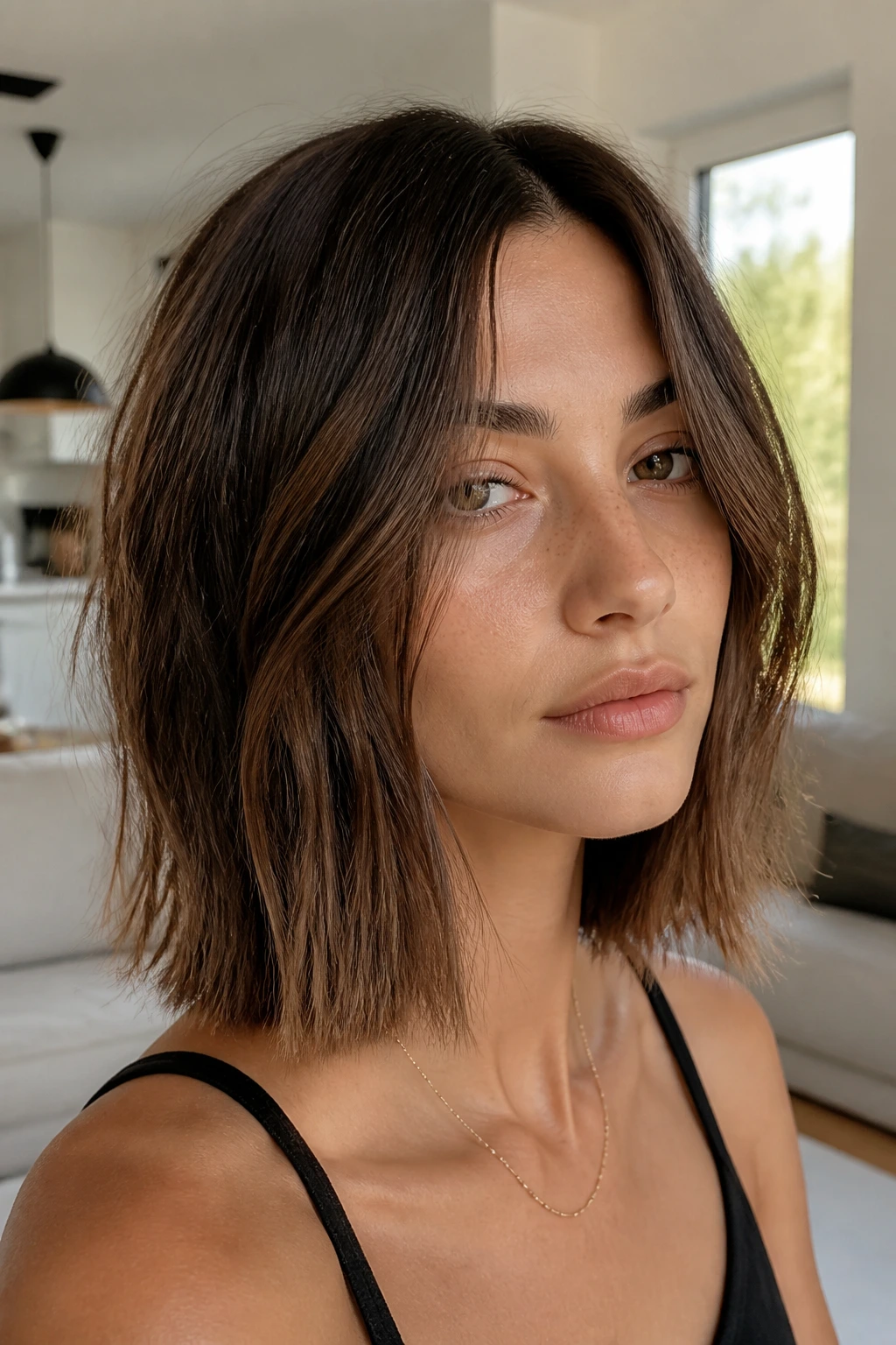 Close-up portrait of a person with a razor-cut lob showing soft, textured ends.
