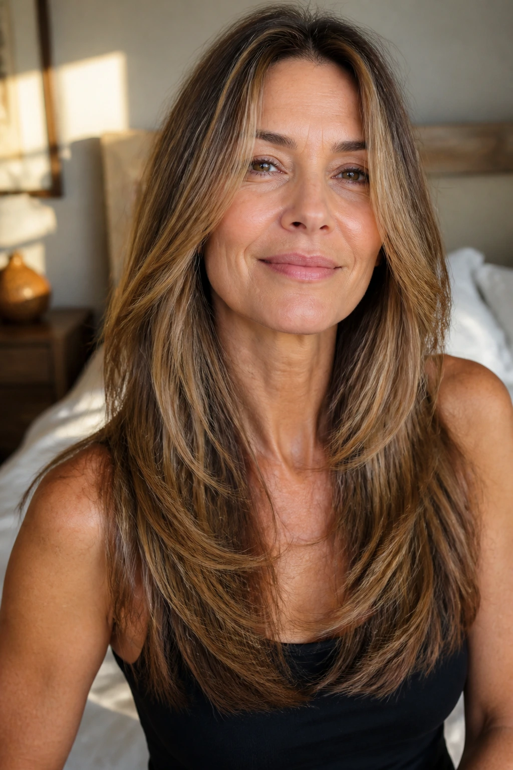 Close-up portrait of a real woman with razor-cut long hair and feathered ends