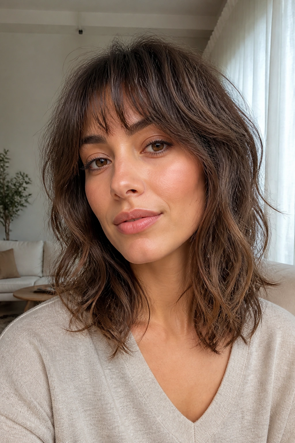 Portrait of a real woman with razor-cut mid-length shag and piecey ends.