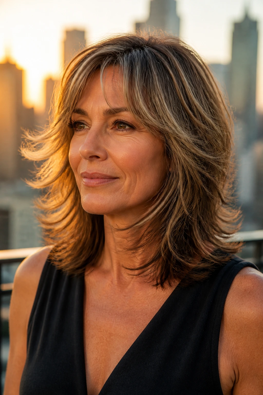 Close-up portrait of a real woman with razor-cut movement and textured ends on shoulder-length hair