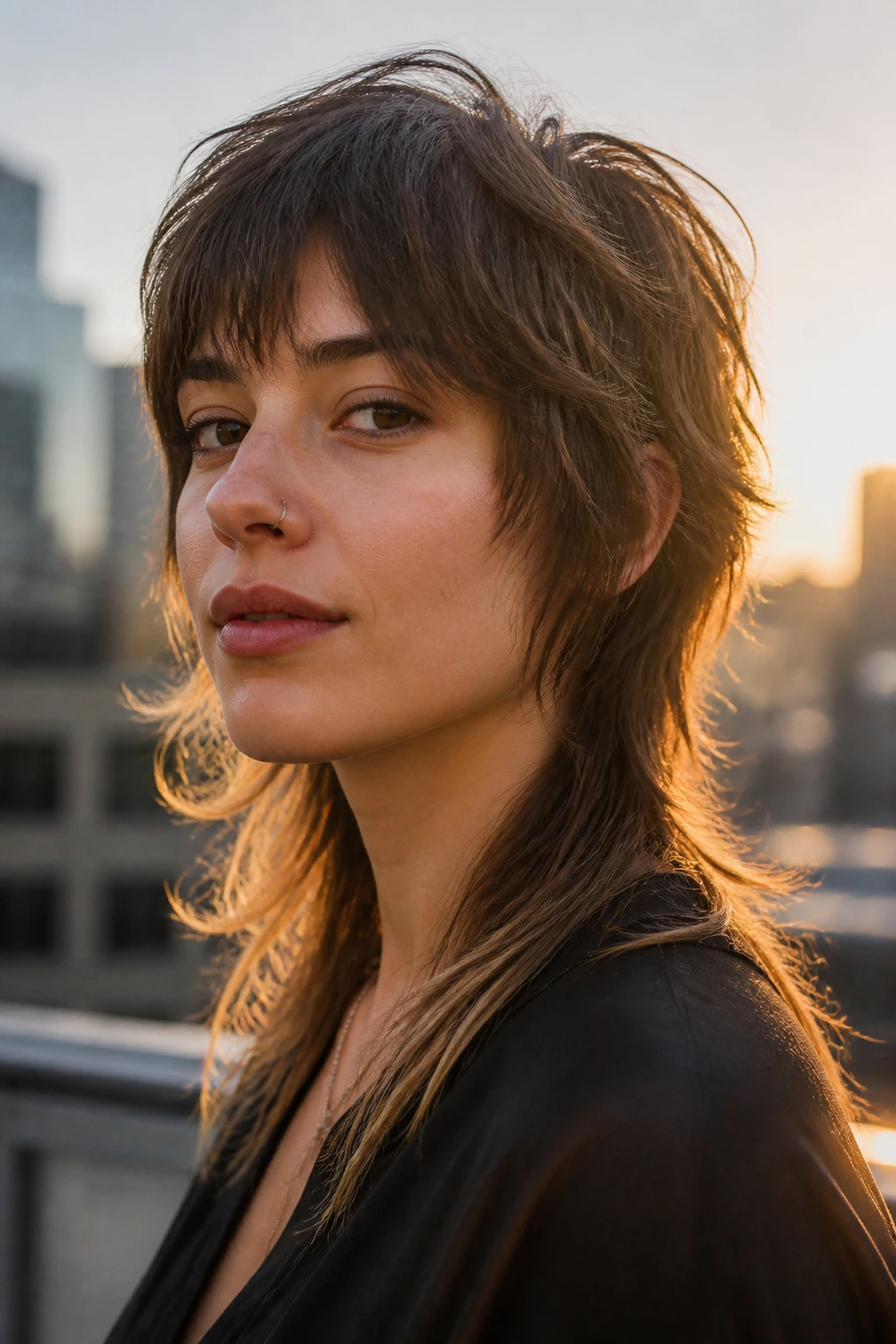Close-up portrait of a woman with a razor-cut mullet and feathery ends