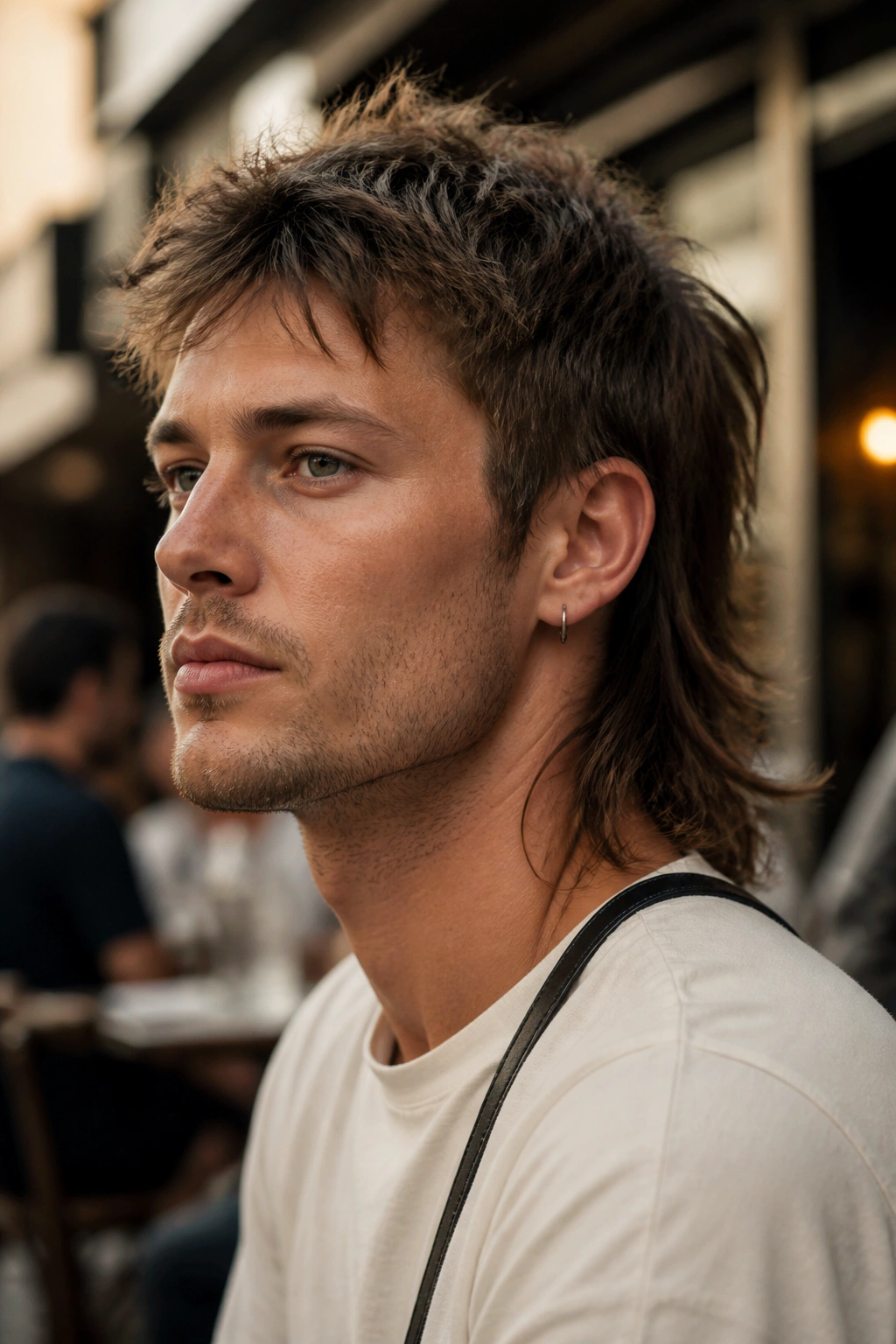 Close-up portrait of a man with a razor-cut mullet and feathered ends